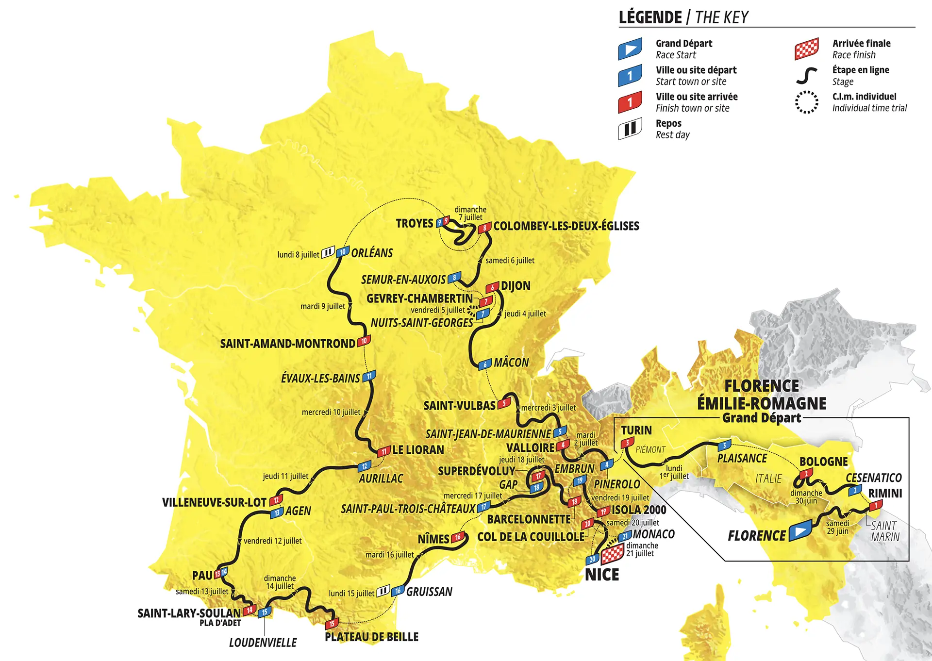 Kort over ruten i Tour de France 2024
