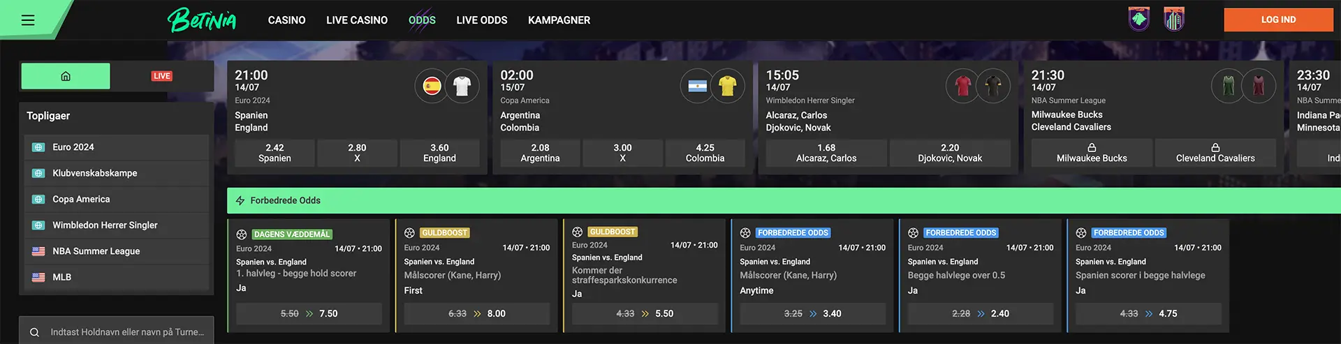 Screenshot af forbedrede odds på Betinia på computeren