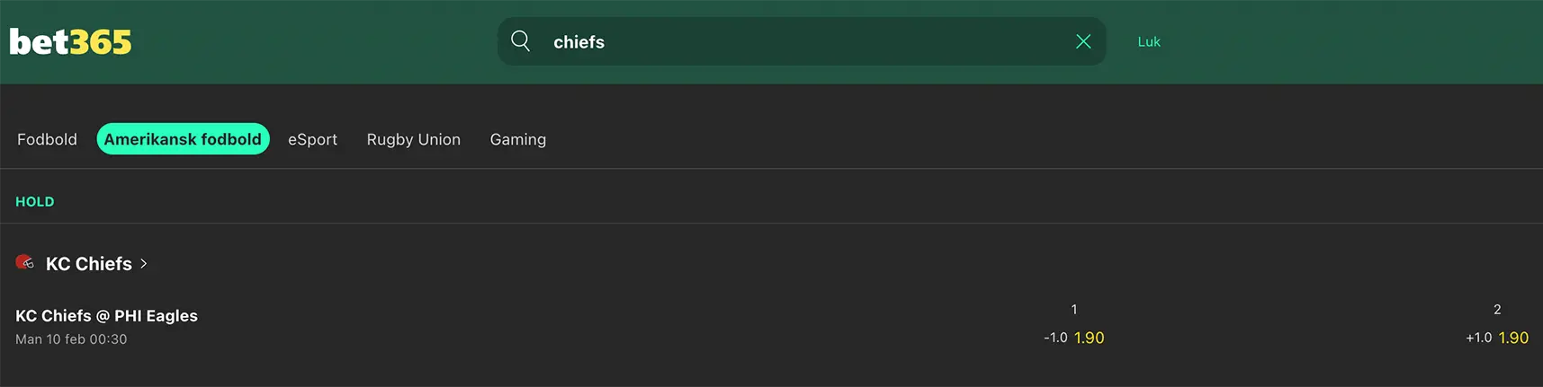 bet365 Super Bowl 2025 søgeresultat